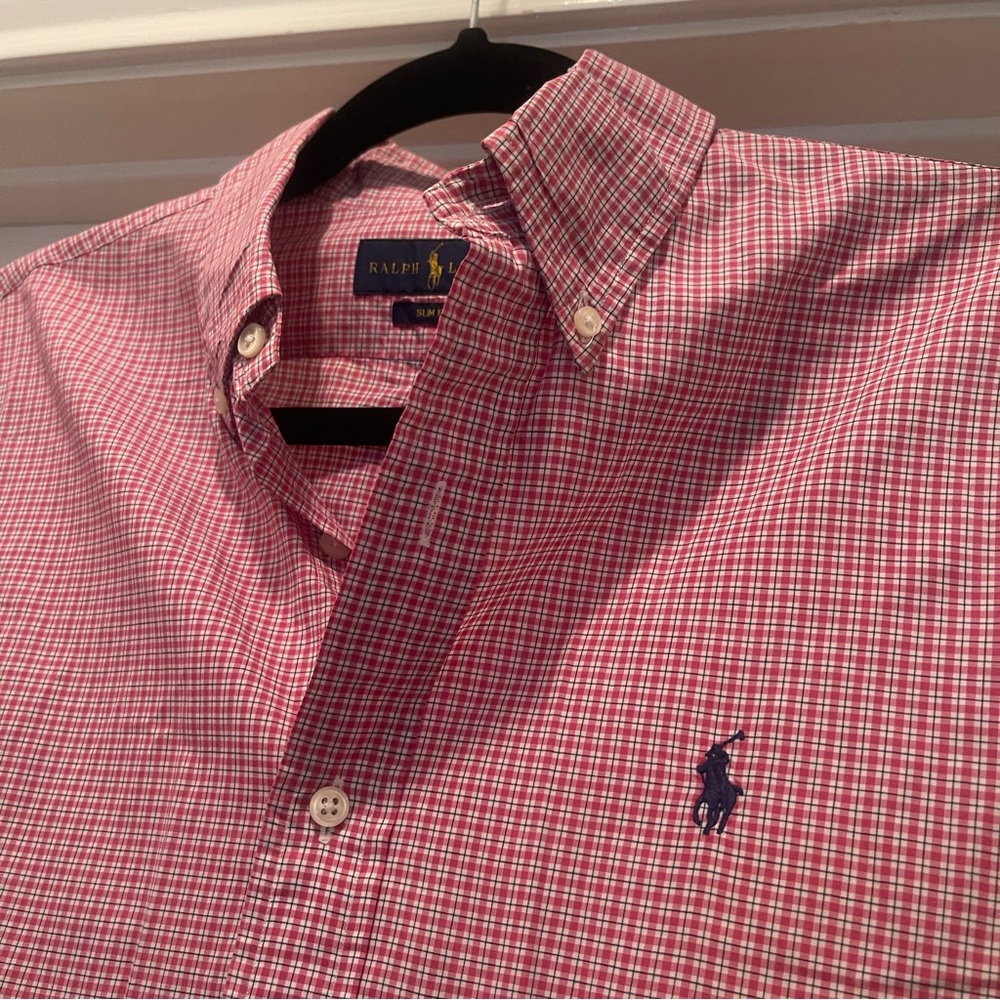 Ralph Lauren Mens Long Sleeve Dress Shirts Size 15 Color Red w pattern / plaid